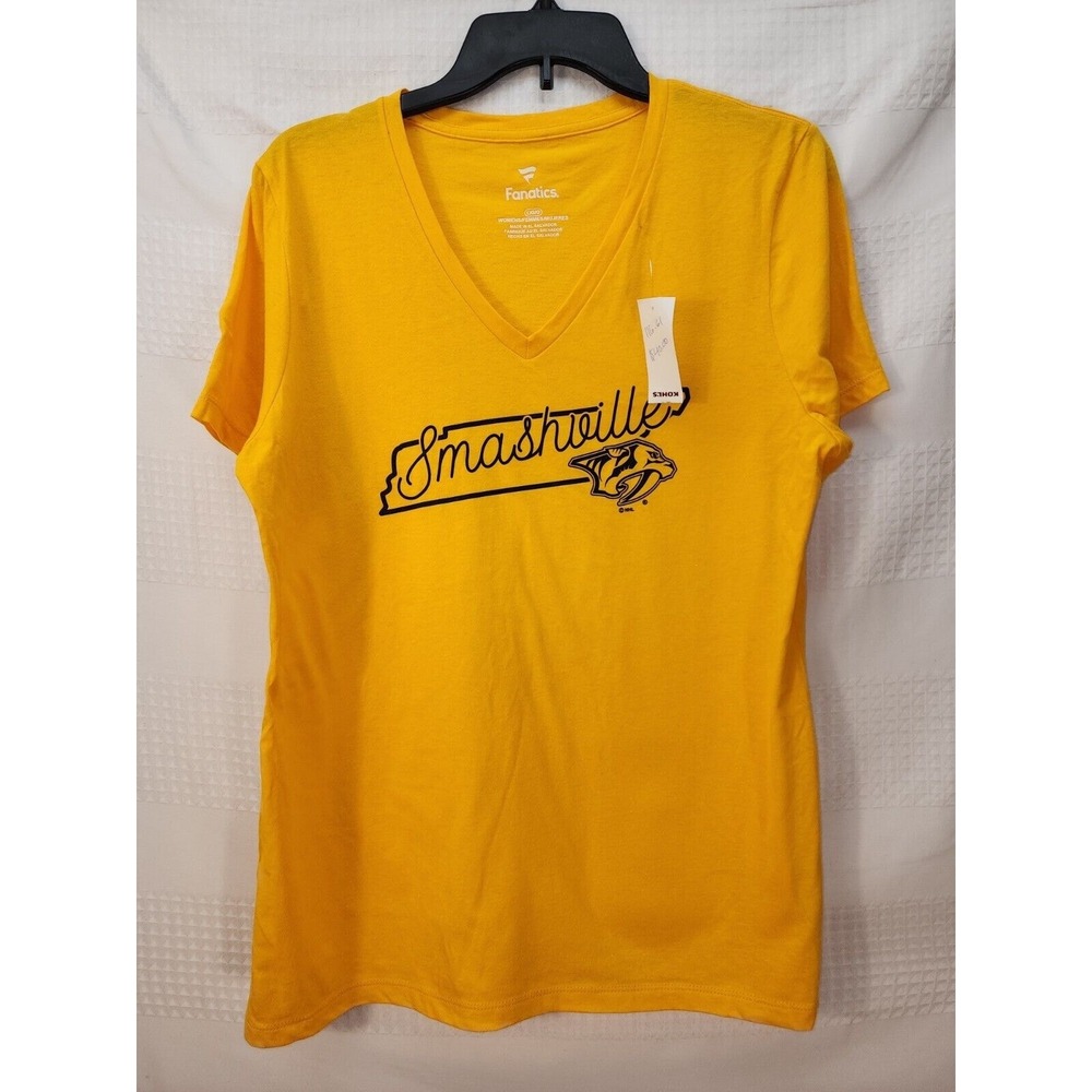 Fanatics Smashville Womens Tshirt Size Large Yellow Short Sleeve V Neck NHL